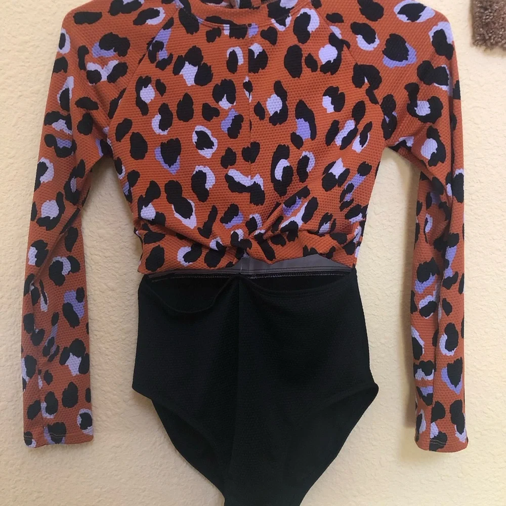 art class Rust Leopard & Black Twist-Front Long Sleeve One-Piece